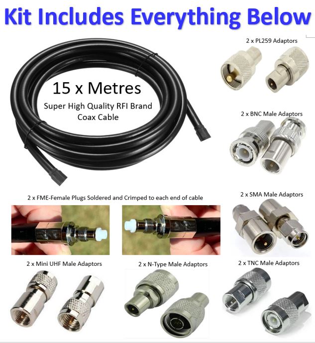 15m KIT With Interchangable Plugs - HIgh Quality RFI RG213 Antenna Cable - Coax Cable