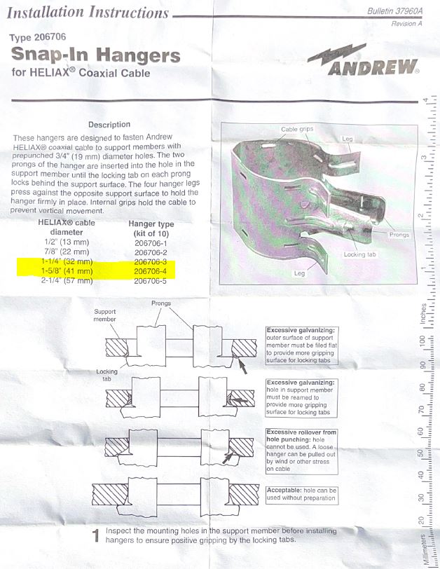 No4 Stainless Steel Cable Support Kits - Cable Hangers - Grips - Andrew 206706-4