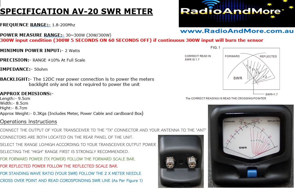 SWR Meter, VSWR Meter - AV20 HF/VHF 1.8 to 200Mhz