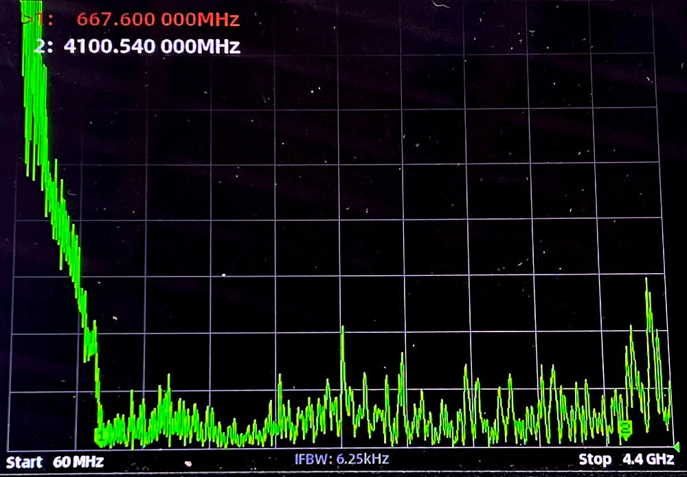 Spectrum analyzer display with green signal trace on a dark background