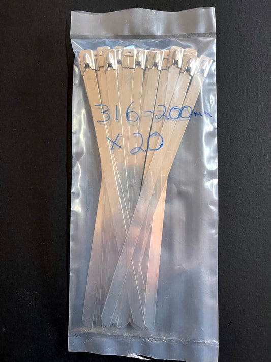 20 x Heavy Duty 7.9mm Wide x 200mm Long 316 Stainless Steel Cable Ties
