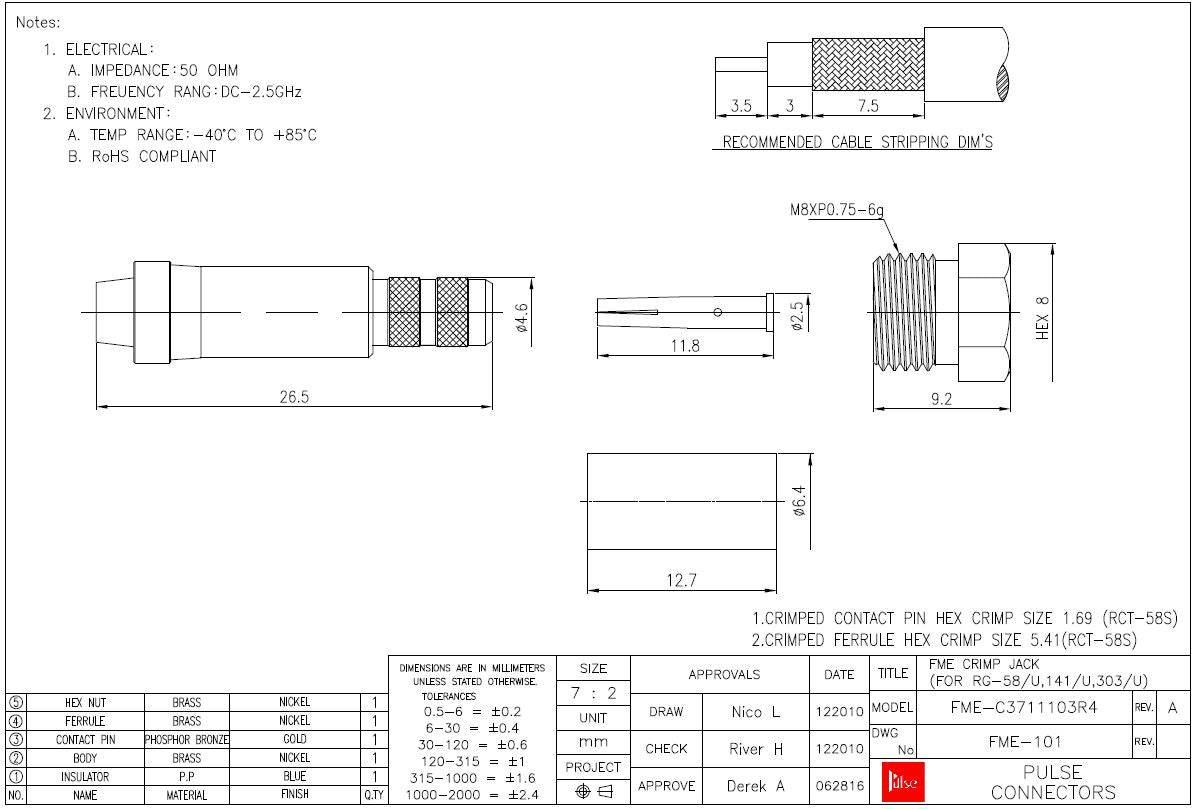 FME Crimp Coax Plug For RG58 Cable FME101