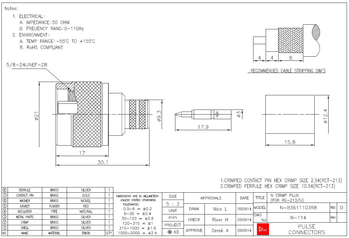 N-Type Male Crimp Coax Plug For RG213 Cable N114