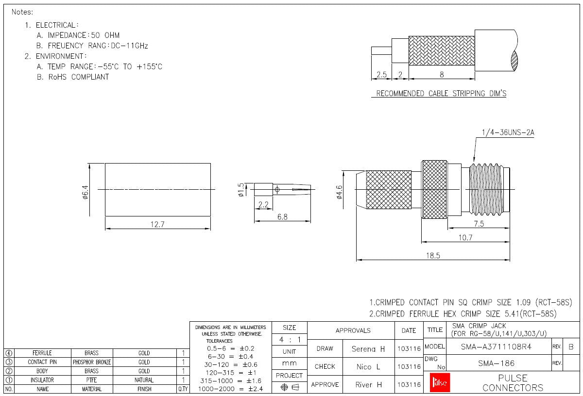 SMA Female Connector Plug RG58 Coax Crimp and Solder SMA186