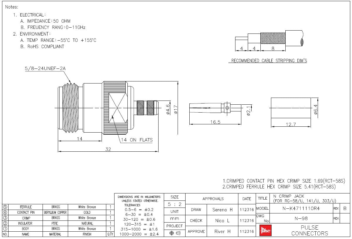N-Type Female Male Crimp Coax Plug For RG58 Cable N98