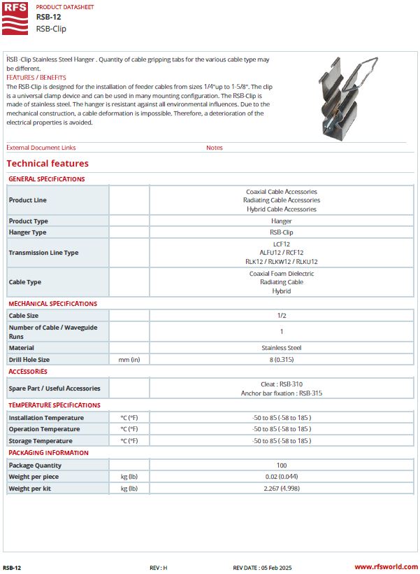 No6 1/2' Cable size Stainless Steel Cable Support Kits - Cable Hangers - Grips - RFS RSB-12