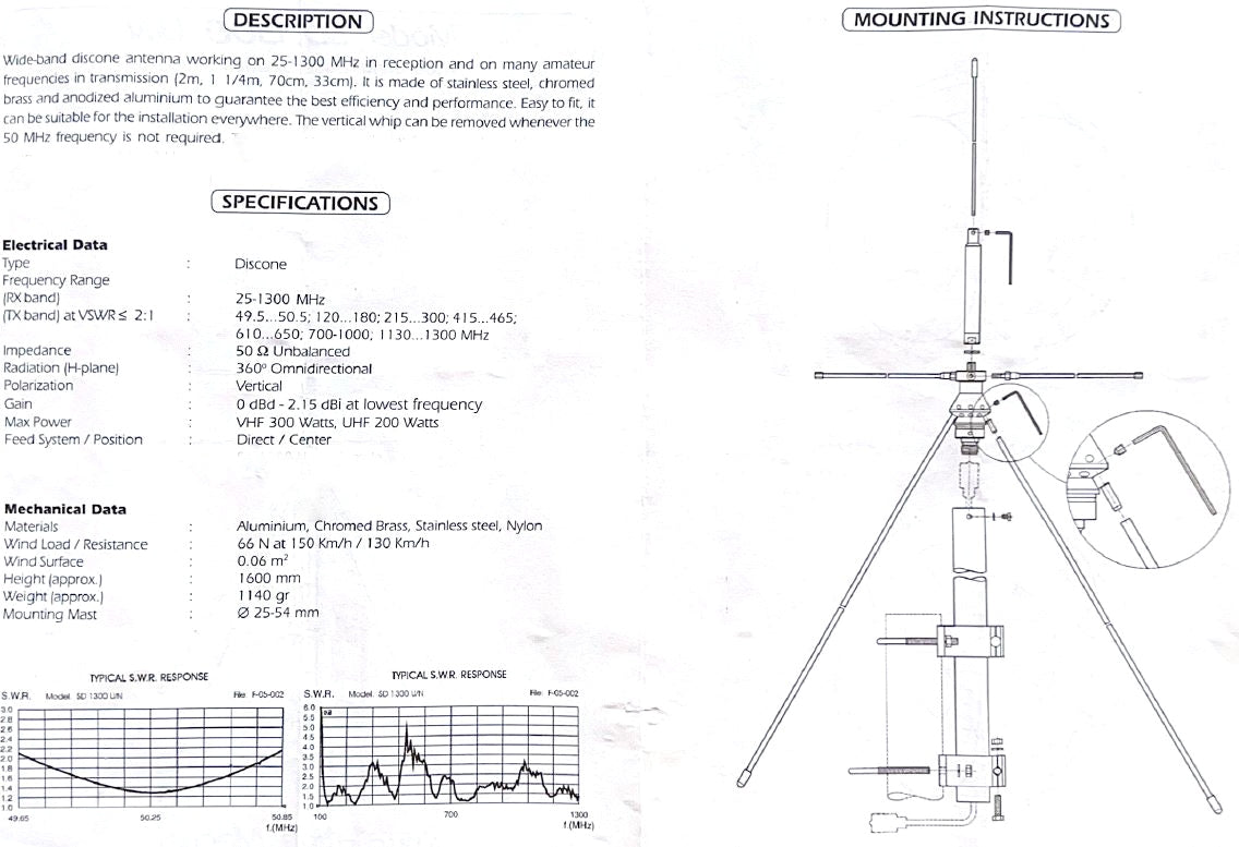 Base Station Discone Antenna All Band Receiver 25Mhz to 1300Mhz