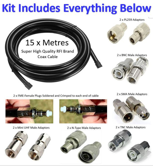 15m KIT With Interchangable Plugs - HIgh Quality RFI RG213 Antenna Cable - Coax Cable