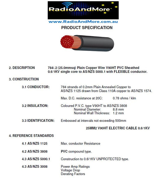 25mm "Black in Colour" Power Cable - Sold Per Metre