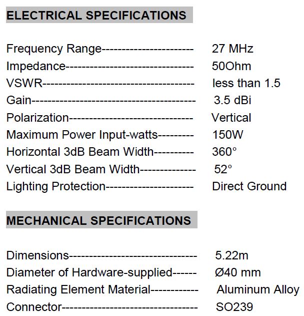 Base Station CB Antenna - 27Mhz CB Antenna 5.2Mtr Long