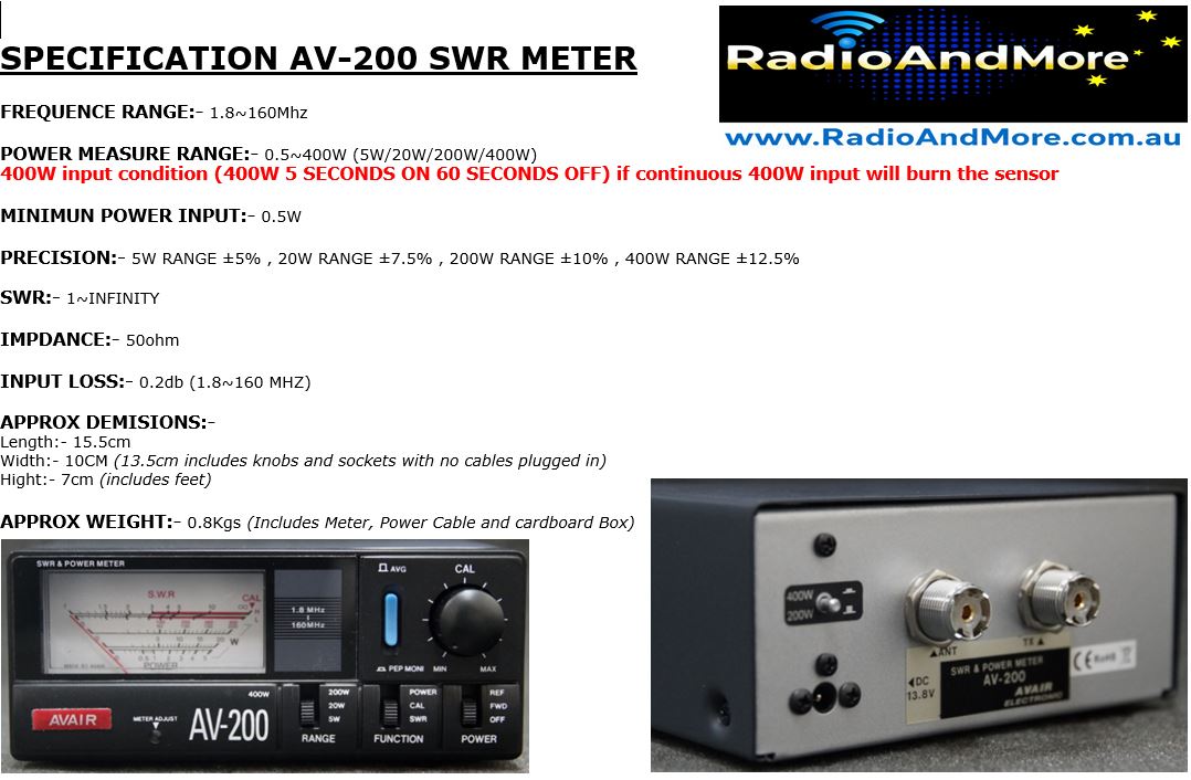 SWR Meter, VSWR Meter - AV200 1.8Mhz to 160Mhz - Peak 400Watts