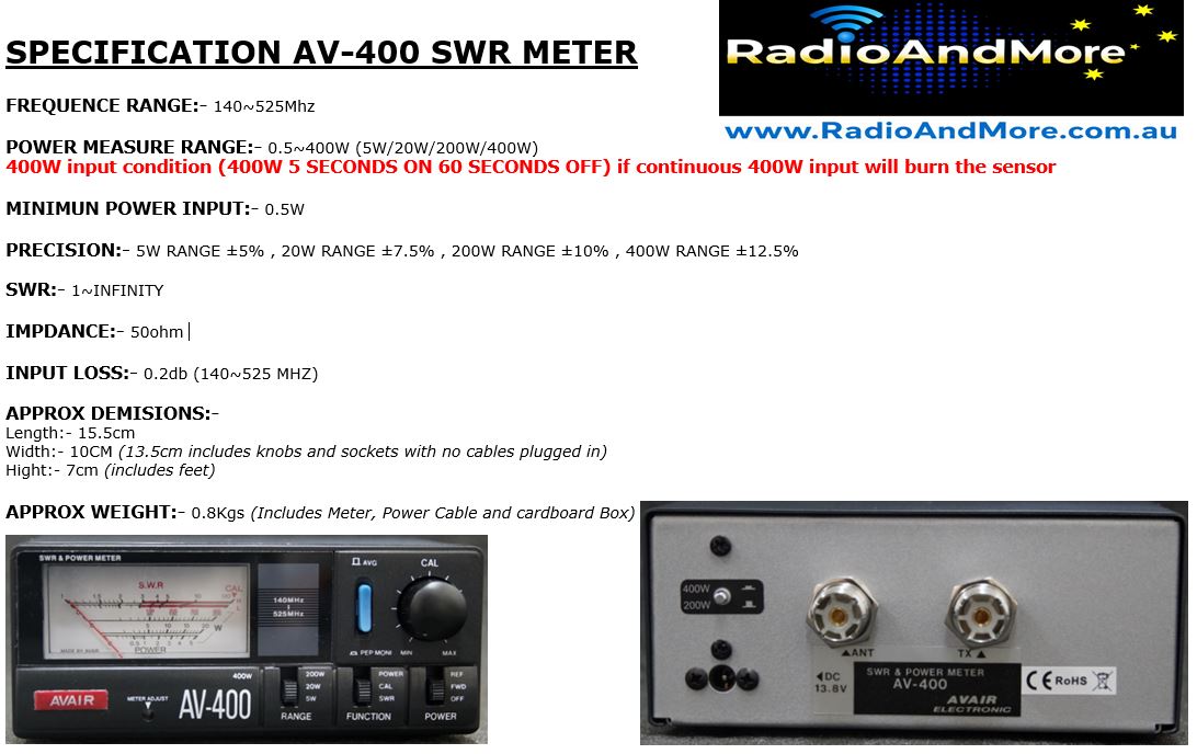 SWR Meter, VSWR Meter - AV400 140Mhz to 525Mhz - Peak 400Watts