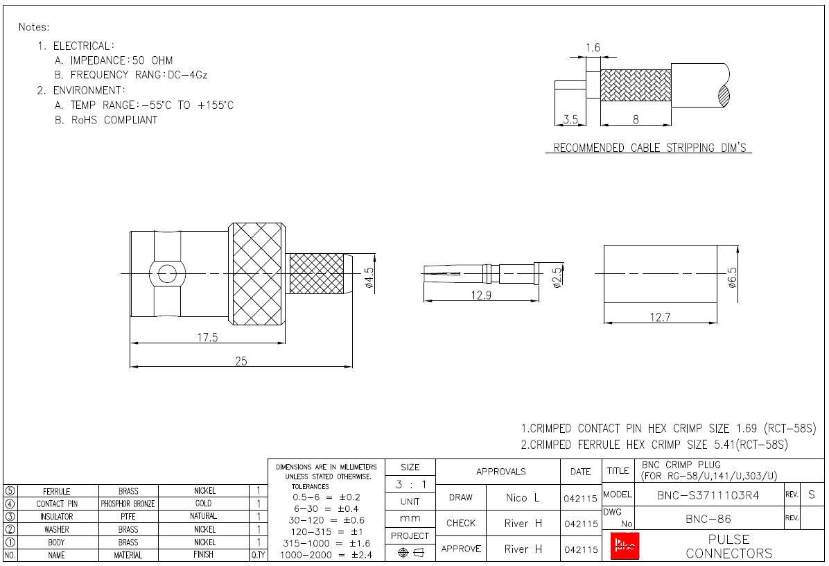 Coax Jack Crimp BNC Female For RG58 Coax BNC86