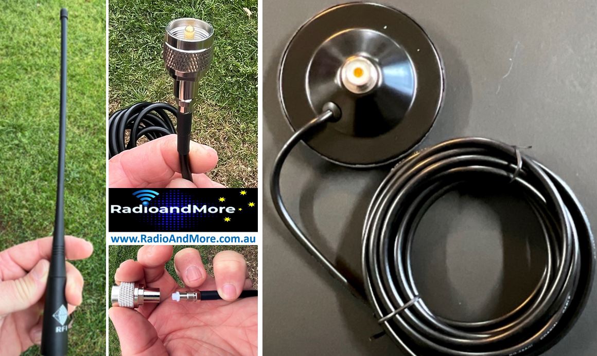 RFI UHF CB Radio Antenna - 476-478Mhz With Magnetic Base, Lead, FME & PL259 adaptor