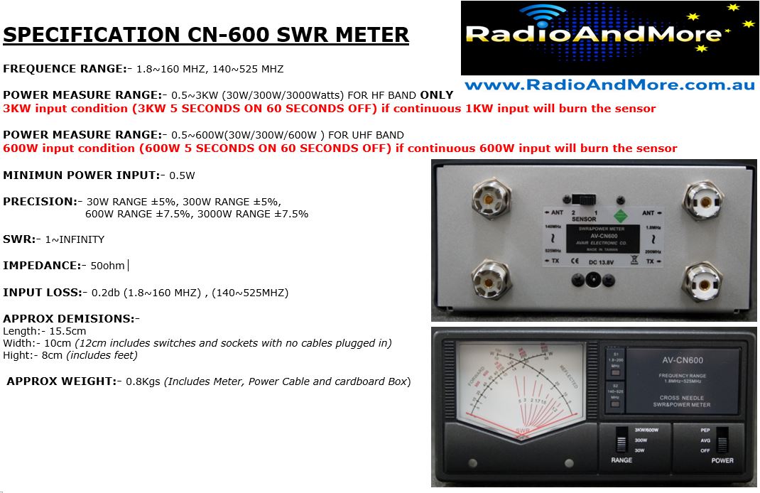 SWR Meter, VSWR Meter - CN600 HF/VHF/UHF 1.8 to 525Mhz Twin Needle
