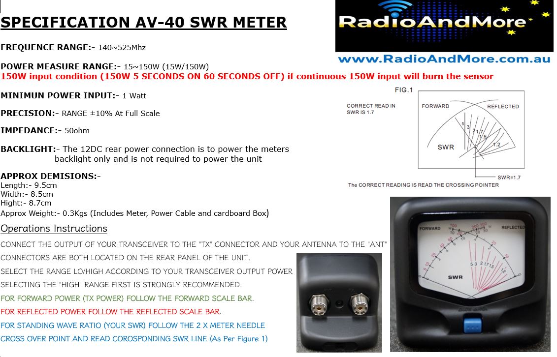 SWR Meter, VSWR Meter - AV40 VHF/UHF 140-525Mhz