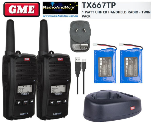 UHF CB - GME TX667TP-1Watt "TWIN PACK" Handheld Portable Radio - 476-477Mhz