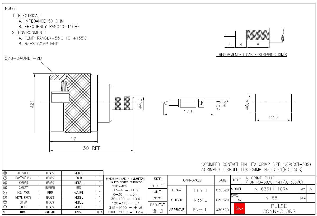 N-Type Male Crimp Coax Plug For RG58 Cable N88