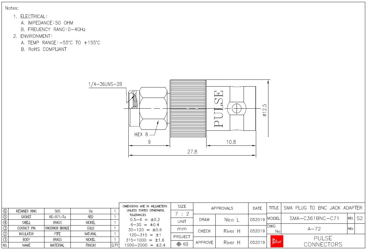 SMA Male to BNC Female Adaptor Plug Coax
