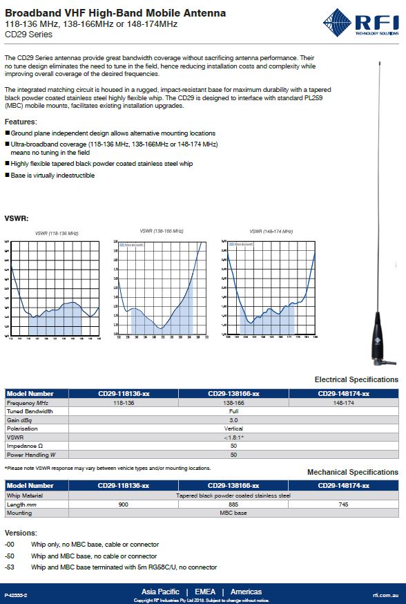 3dB Broardband No Tuning Required VHF 138-166Mhz Mobile Antenna and Cable