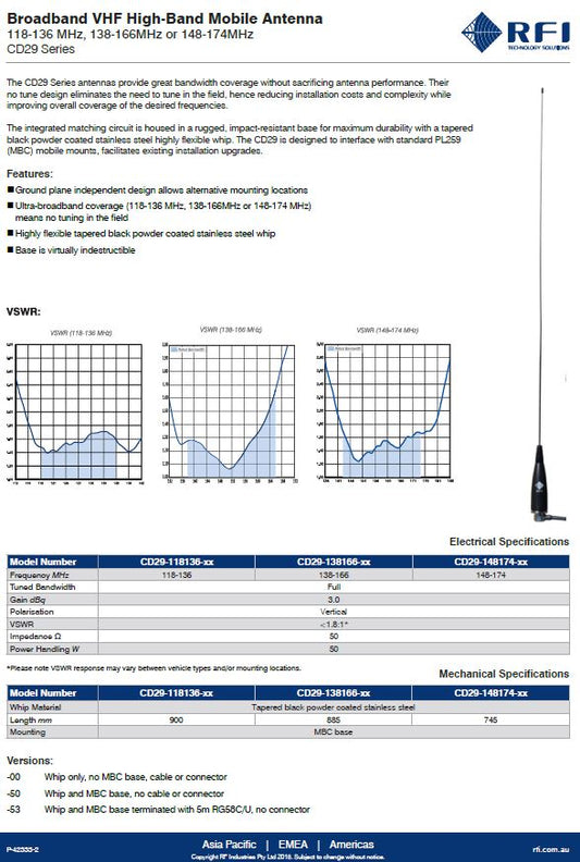 3dB Broardband No Tuning Required VHF 148-174Mhz Mobile Antenna and 5Mtr Cable