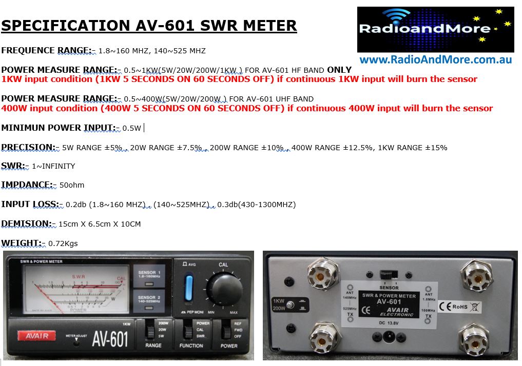 SWR Meter, VSWR Meter - AV601 HF/VHF/UHF 1.8 to 525Mhz