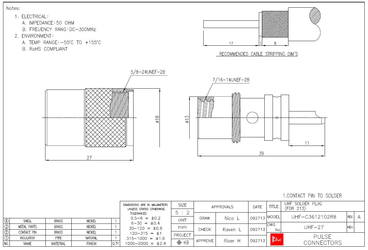PL259 Male Solder Coax Plug For RG213 Cable UHF27